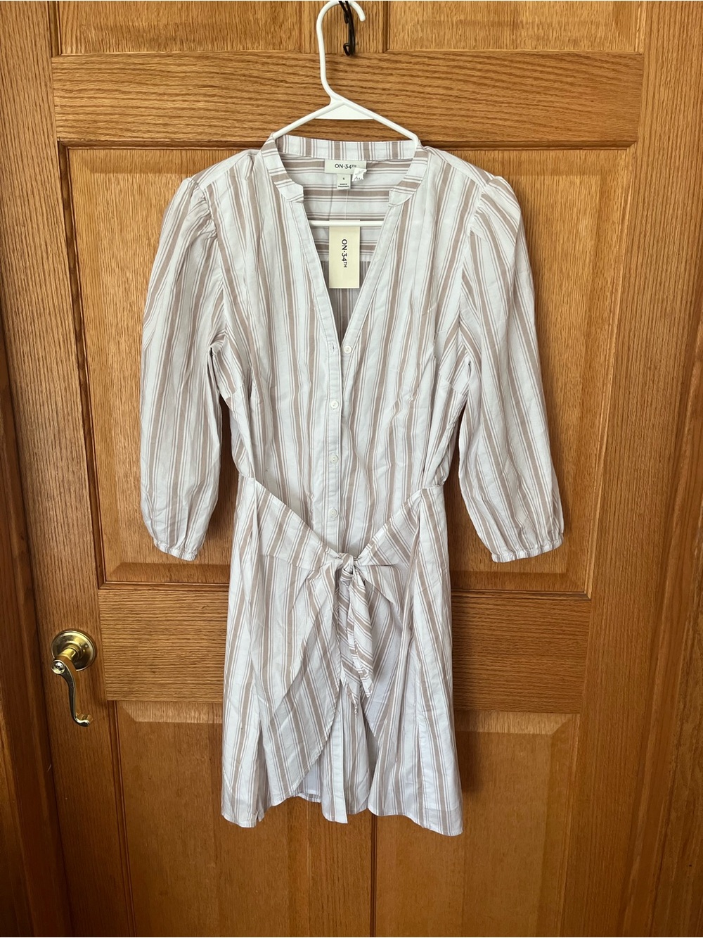 ON - 34th cotton Beige Striped Tie-Waist Shirt Dress